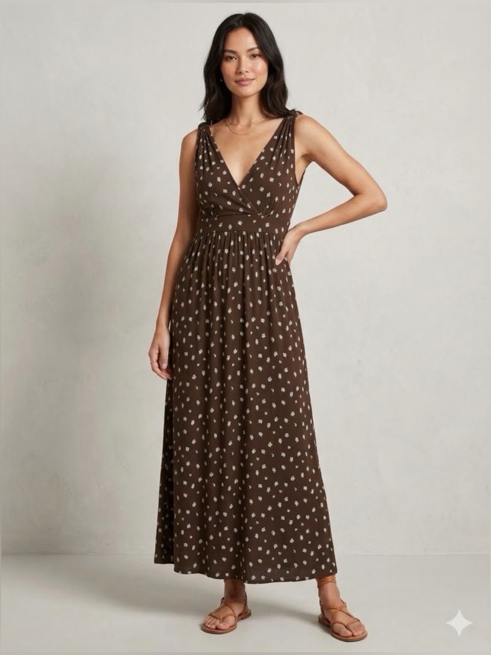 I. Magnin NWT Boho Maxi Dress M Brown Blue Leaf Print Sleeveless V Neck